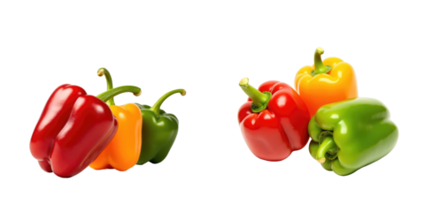 Three vibrant bell peppers including red, orange, and green arranged closely together on a transparent background with a high level of detail and glossy texture.