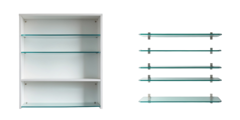 empty modern glass shelves in white frame and floating glass shelves on isolated transparent background suitable for interior design and storage solutions
