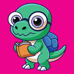 Obraz premium Cute Cartoon Dinosaur Character Wearing Glasses and Backpack Reading a Book