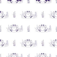 Sea Seamless Pattern. Outline Cute Crab with Algae, Seabed. Line drawing