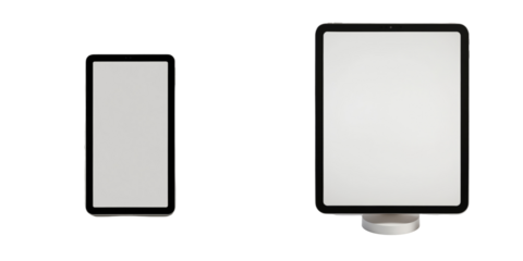 Two modern tablets with blank screens placed side by side on a transparent background showcasing their sleek designs and isolated appearance for minimalist displays and presentations