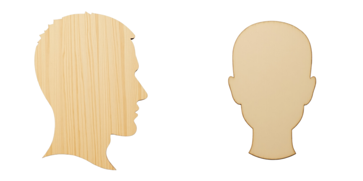 Wooden silhouette human head profiles isolated on transparent background showcasing two different designs with smooth textures and contrasting shapes