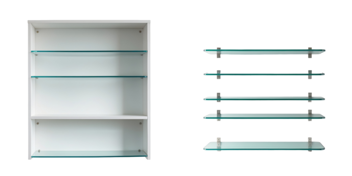 empty modern glass shelves in white frame and floating glass shelves on isolated transparent background suitable for interior design and storage solutions