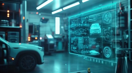 Futuristic virtual interface display showing electric vehicle technology and diagnostic data overlay in high-tech auto repair garage with blurred background