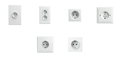 various types of electric wall sockets displayed on a transparent background in a clean arrangement highlighting their designs and shapes