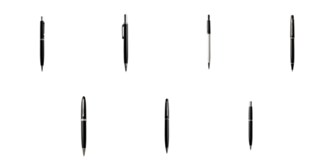 variety of ballpoint pens arranged in a grid pattern against a transparent background showcasing different designs and colors of pen barrels and tips