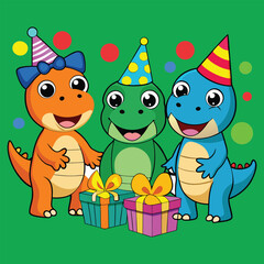 Fototapeta premium Cute Cartoon Dinosaurs Celebrating Birthday Party with Presents and Colorful Decorations