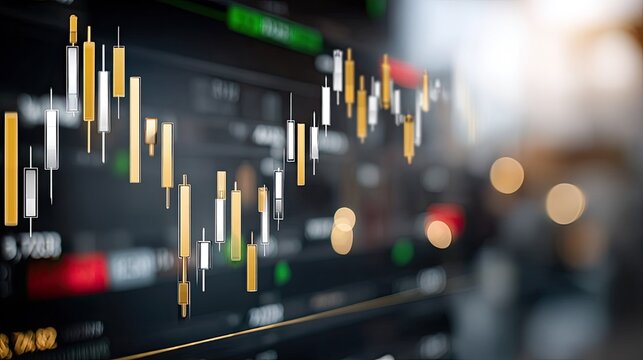 Candlestick chart shows financial trends in technology and agriculture with a blue gradient background highlighting growth and declines