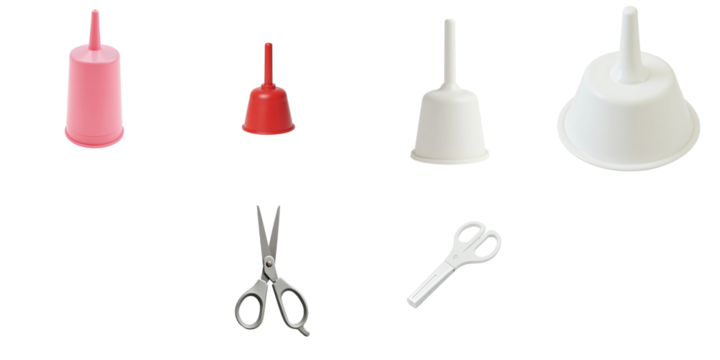 Isolated set of kitchen tools including plastic cups in pink red and white colors and a pair of scissors on a transparent background with no shadows or reflections