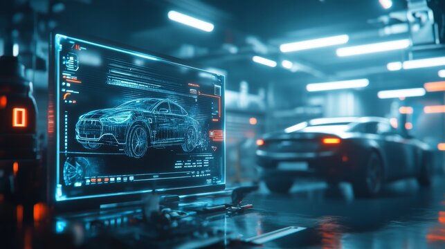 Futuristic virtual interface display showing electric vehicle technology and diagnostic data overlay in high-tech auto repair garage with blurred background




