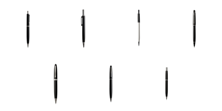 variety of ballpoint pens arranged in a grid pattern against a transparent background showcasing different designs and colors of pen barrels and tips