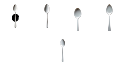 Set of five transparent spoons arranged on a transparent background demonstrating various angles and perspectives with complete isolation to emphasize their shapes and reflections.