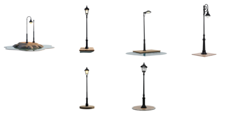 transparent street lamppost with illuminated glass, displayed on wooden and water bases, isolated on transparent background for versatile graphic use.