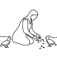 Obraz premium Woman feeding pigeons in city square. Peaceful scene depicts woman kneeling, scattering seeds for birds. Simple line drawing ideal for children's books, nature illustrations, or city life concepts.