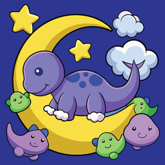 Obraz premium Cute Dinosaur Sleeping on Moon Cartoon Illustration for Kids Bedroom Decor