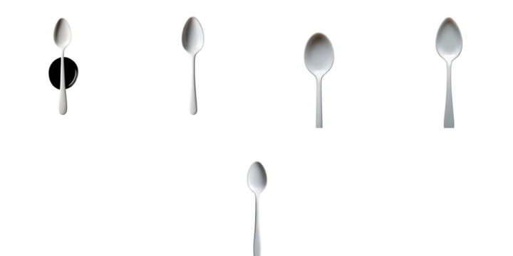 Set of five transparent spoons arranged on a transparent background demonstrating various angles and perspectives with complete isolation to emphasize their shapes and reflections.