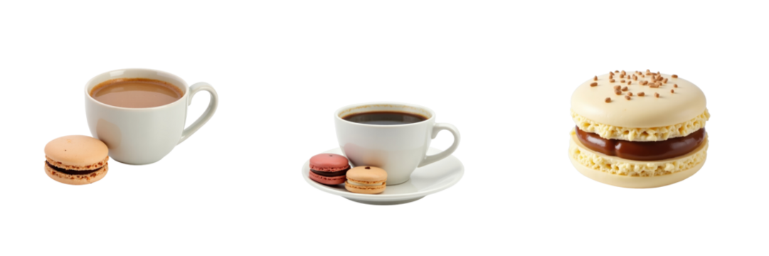 Macarons and coffee cups on a transparent background featuring a light macaron with a coffee cup, dark coffee with colorful macarons, and a layered macaron dessert.