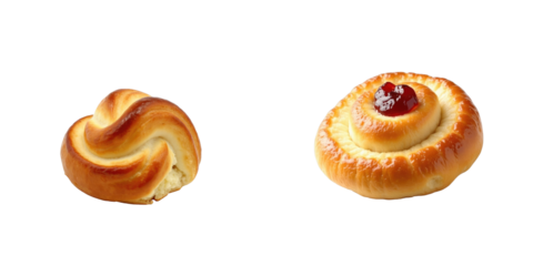 Two assorted jam rolls displayed on a transparent background, featuring a twisted roll and a round roll topped with a cherry jam center, highlighting their textured golden brown crusts.