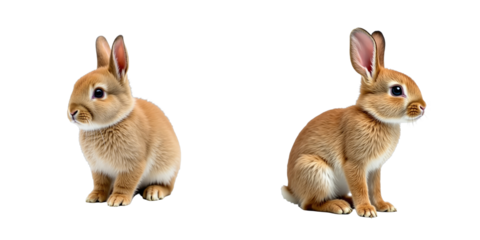 Brown baby European rabbit aged eight weeks sitting in two different poses, isolated on a transparent background, highlighting its soft fur and expressive features.