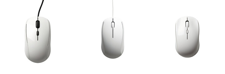 Isolated white computer mouse on dark background with three angles displayed for visual comparison and clarity in design or technology context.