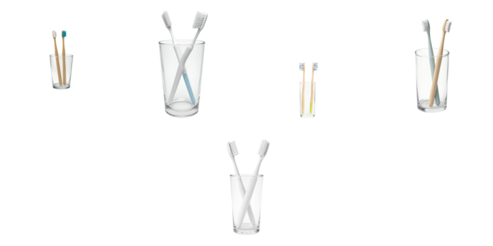 Collection of five different glass holders containing toothbrushes in various styles and colors on a transparent background with copy space available for design elements.