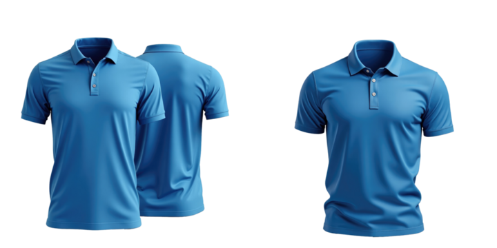 blue polo shirt mockup front and back views isolated on transparent background for apparel design and printing purposes detailed graphics shirt template