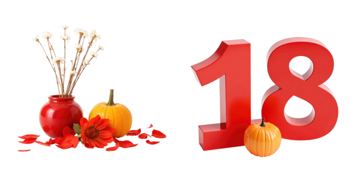 Lunar New Year still life with red number 18, red vase, yellow pumpkins, flowers, and petals on transparent background for festive themes and celebrations