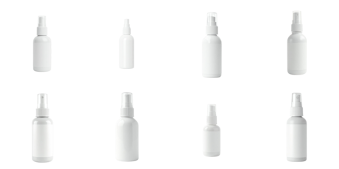 Set of nine isolated transparent plastic nasal spray bottles with blank labels in various sizes and orientations arranged on a transparent background.