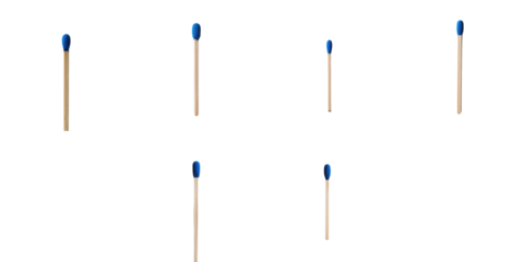 Collection of six blue-tipped matches arranged in various vertical positions against a transparent background highlighting their design and colors