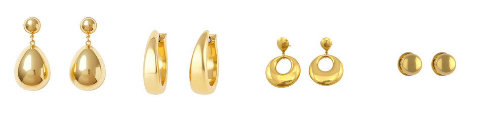 Gold earrings collection featuring various designs including dangling, hoop, and stud styles displayed on a transparent background for easy integration.