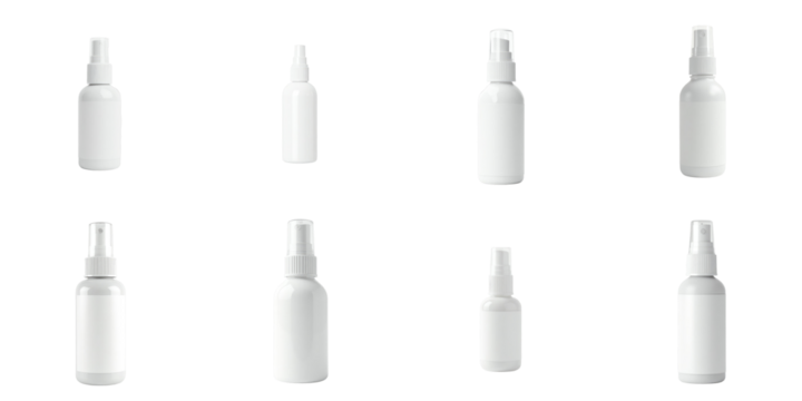Set of nine isolated transparent plastic nasal spray bottles with blank labels in various sizes and orientations arranged on a transparent background.