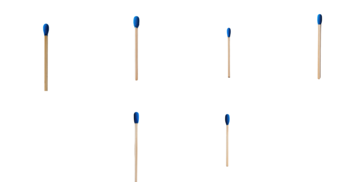Collection of six blue-tipped matches arranged in various vertical positions against a transparent background highlighting their design and colors