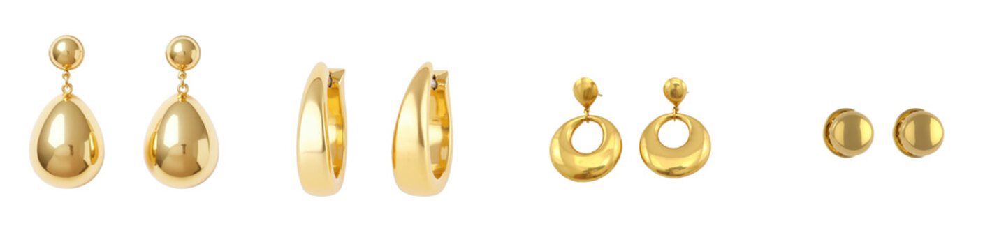 Gold earrings collection featuring various designs including dangling, hoop, and stud styles displayed on a transparent background for easy integration.