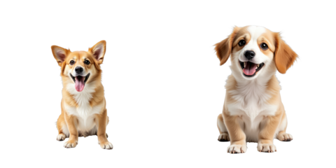 Two happy dogs isolated on transparent background, one corgi with ears perked up and one fluffy dog sitting, both displaying joyful expressions and vibrant features.