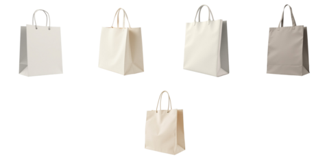 Set of five empty fabric shopping bags in various neutral colors displayed on a transparent background isolated for clear visibility and design versatility