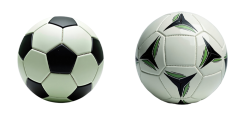 High-quality soccer ball with transparent and white panels alongside a modern design featuring transparent and green geometric elements isolated on transparent background