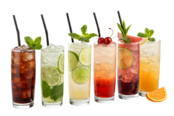 A row of six colorful cocktails with straws and fruit garnishes on a black background image view