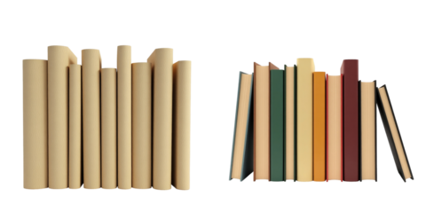 Collection of various colored books standing upright in a row isolated on a transparent background with different spine shapes and sizes.
