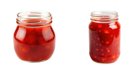 Glass jars filled with vibrant strawberry jam featuring whole strawberries, isolated on a solid transparent background with clear reflections and details.