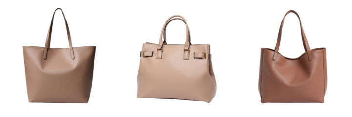 Three stylish fashion handbags displayed in a row on a transparent background, showcasing different designs and shades of beige and tan, completely isolated for clear visibility.