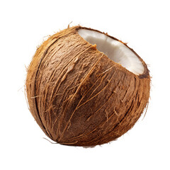 A partially opened brown coconut with visible white flesh inside and its husk showing a rough texture on transparent background png