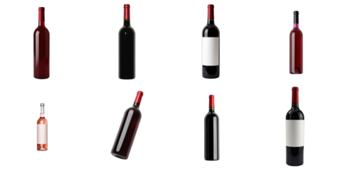 Assorted red wine bottles in various shapes and sizes displayed from a top view isolated on a transparent background for commercial use and design purposes
