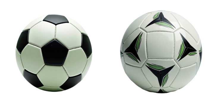 High-quality soccer ball with transparent and white panels alongside a modern design featuring transparent and green geometric elements isolated on transparent background - Powered by Adobe