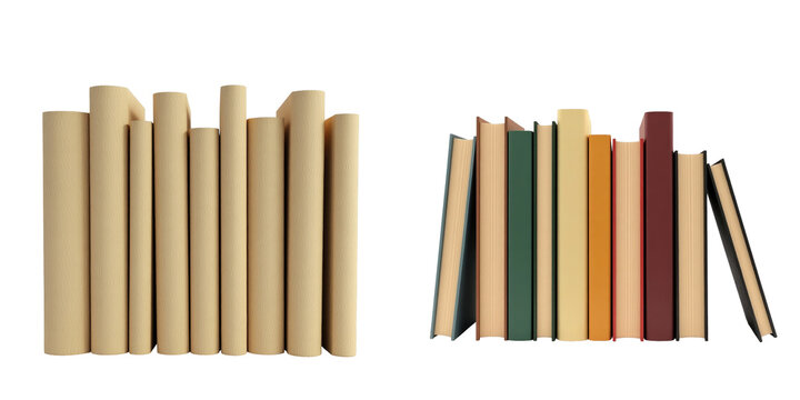 Collection of various colored books standing upright in a row isolated on a transparent background with different spine shapes and sizes.