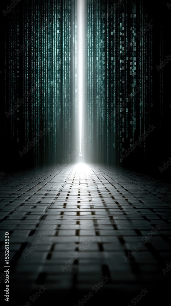 Poster symbolizing cybersecurity, a padlock against a blue backdrop highlights data protection technology w