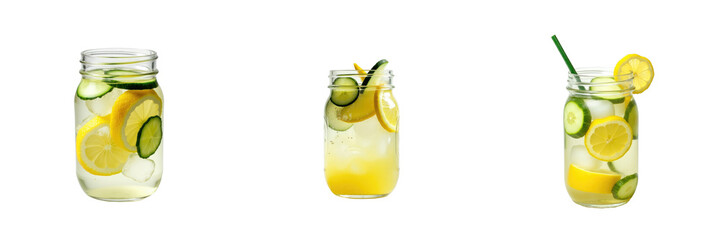 Mason jar glass containing lemon cucumber detox water with ice and garnished with lemon and cucumber slices isolated on a transparent background