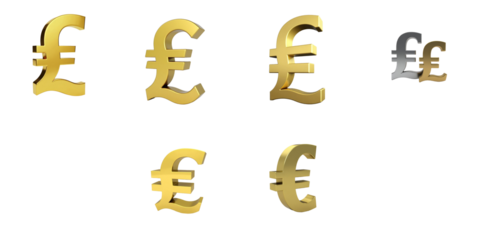 Collection of stylized Euro currency symbols in various gold and silver tones on a transparent background arranged in a grid pattern for financial themes and graphics.