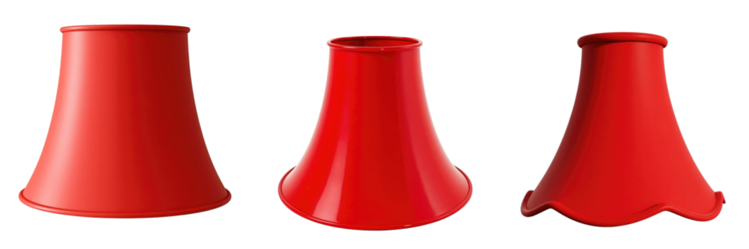 close up image of three red tapered bell shaped lampshades displayed on a transparent background showcasing different designs and angles for product visualization