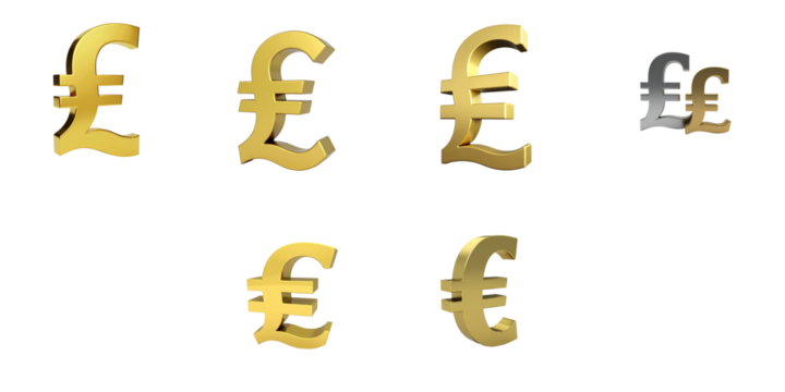 Collection of stylized Euro currency symbols in various gold and silver tones on a transparent background arranged in a grid pattern for financial themes and graphics.