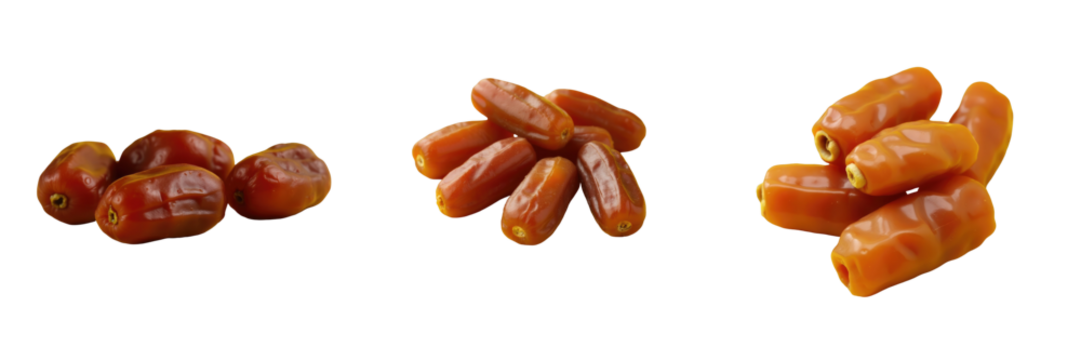 Dried dates arranged in clusters on a transparent background with selective focus highlighting the texture and color of the fruit showcasing natural details and variations.